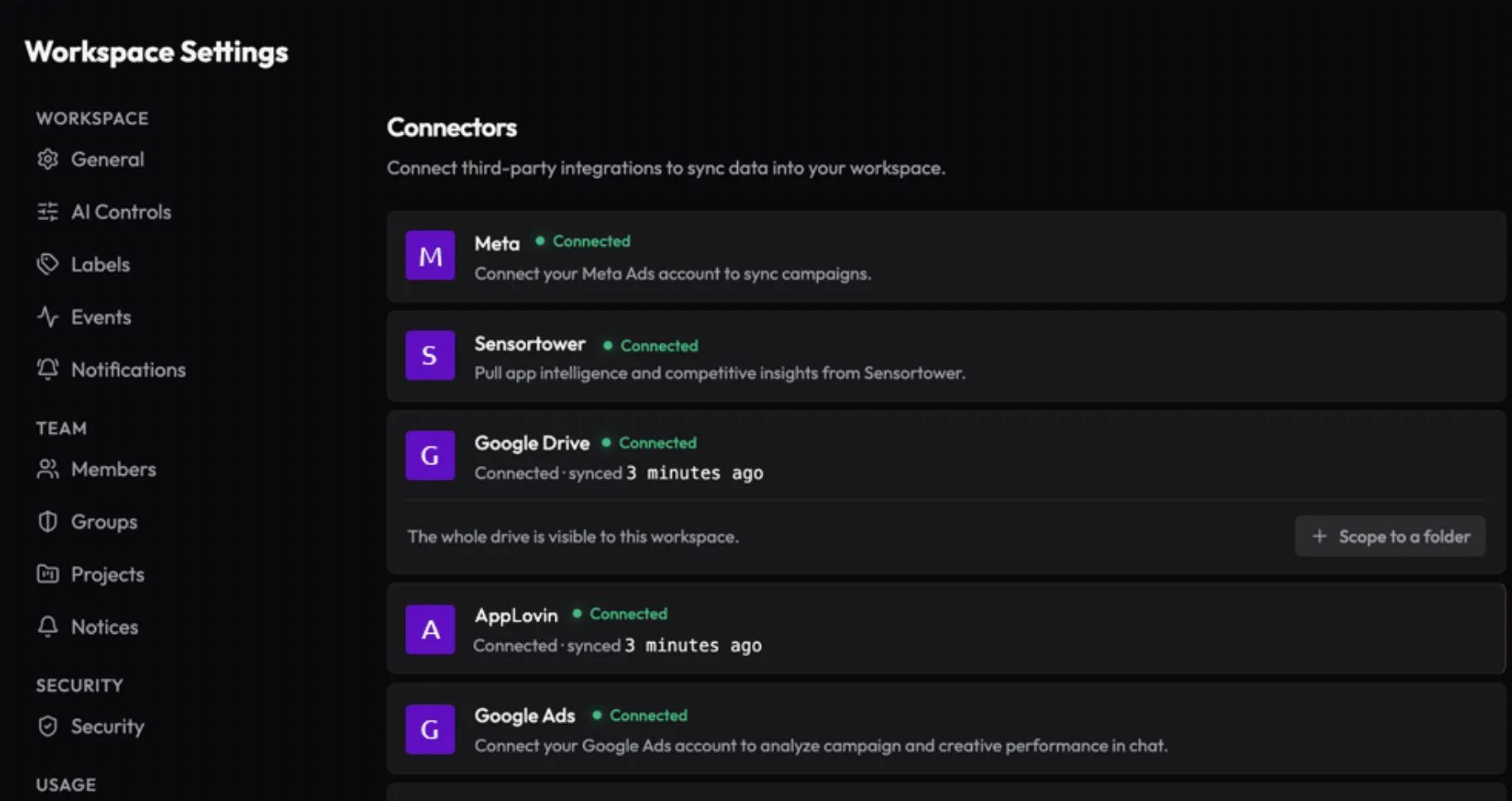 Workspace Settings connectors for Meta, Sensortower, Google Drive, AppLovin, and Google Ads