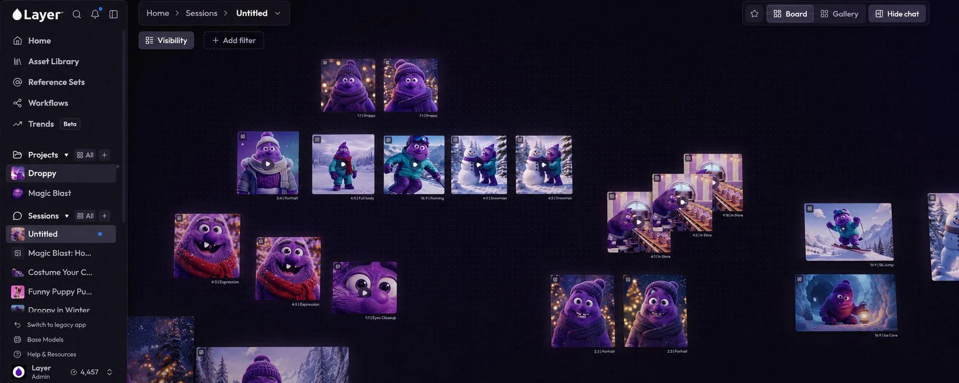 Layer infinite board filled with Droppy winter campaign assets organized on a canvas