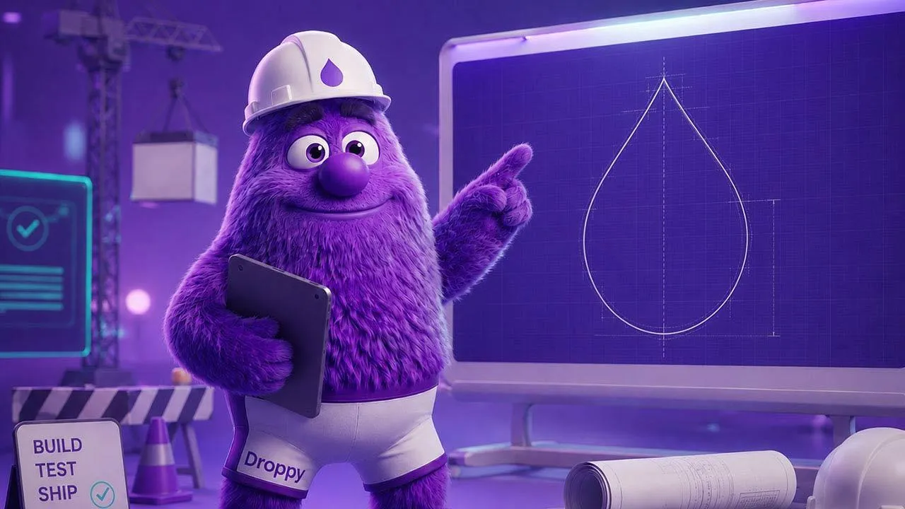 Droppy in a construction hard hat pointing at a Layer logo blueprint