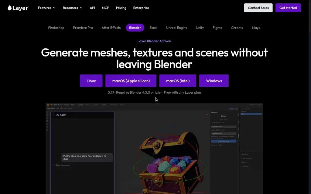 Layer sidebar inside Blender with a chat generating a 3D mech in the open scene